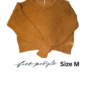 Free People Women's Sweater Tan V-Neck Open Knit Size M EUC